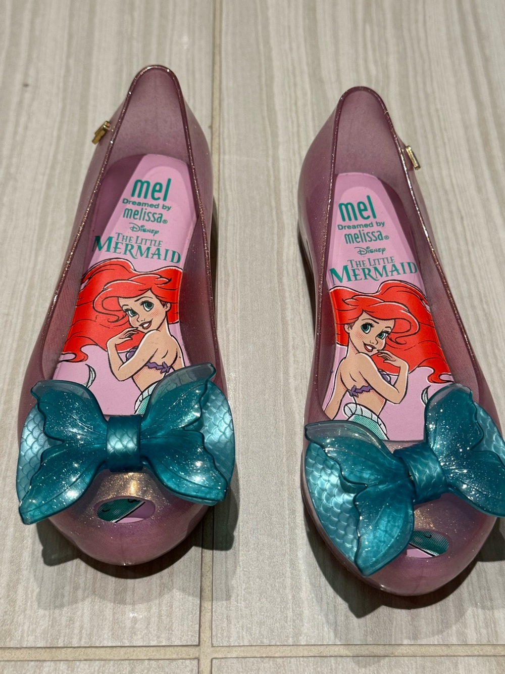Mini Melissa Disney Little Mermaid Pink Flats with Teal Bow Sz 12